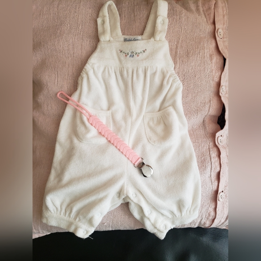 Ralph lauren Baby White Overalls with Pink Pacifier Clip